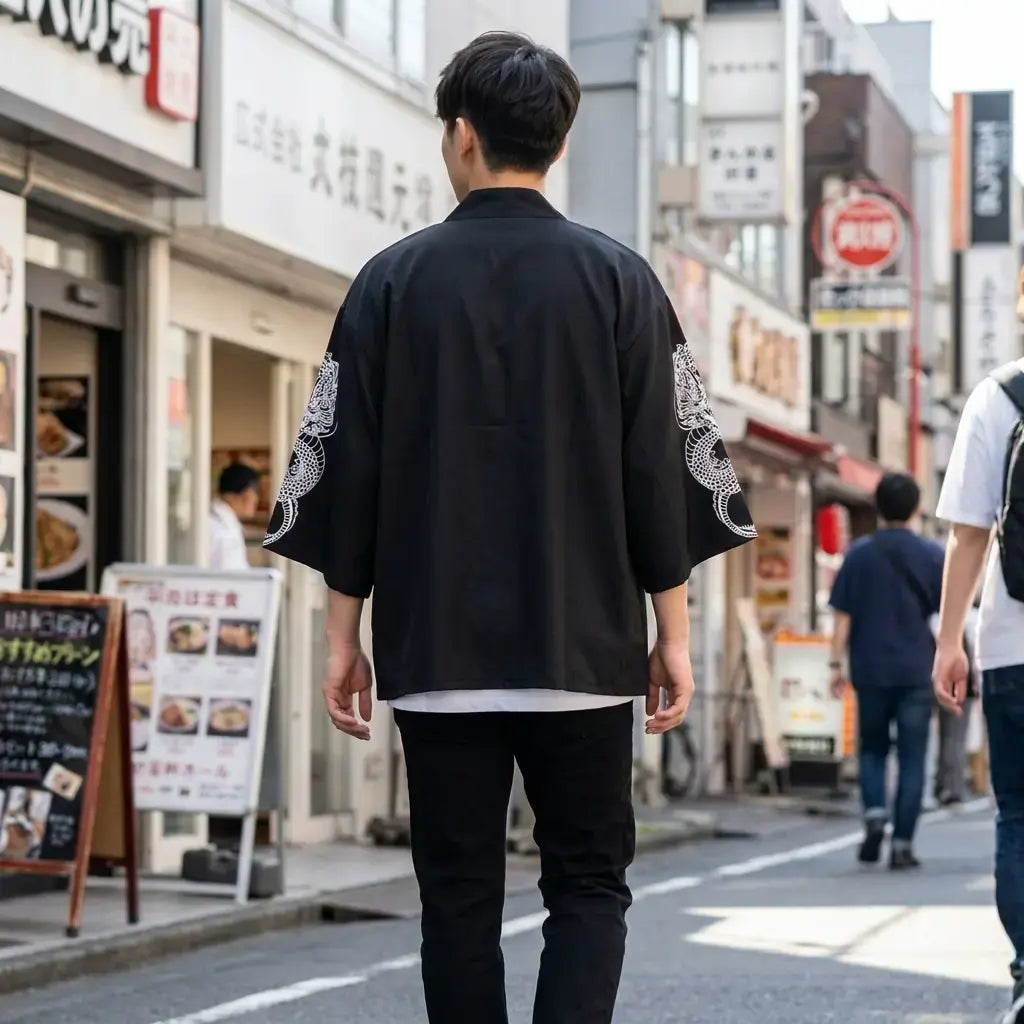 Haori Dragon llevado por un hombre en una habitación japonesa tradicional, vista frontal