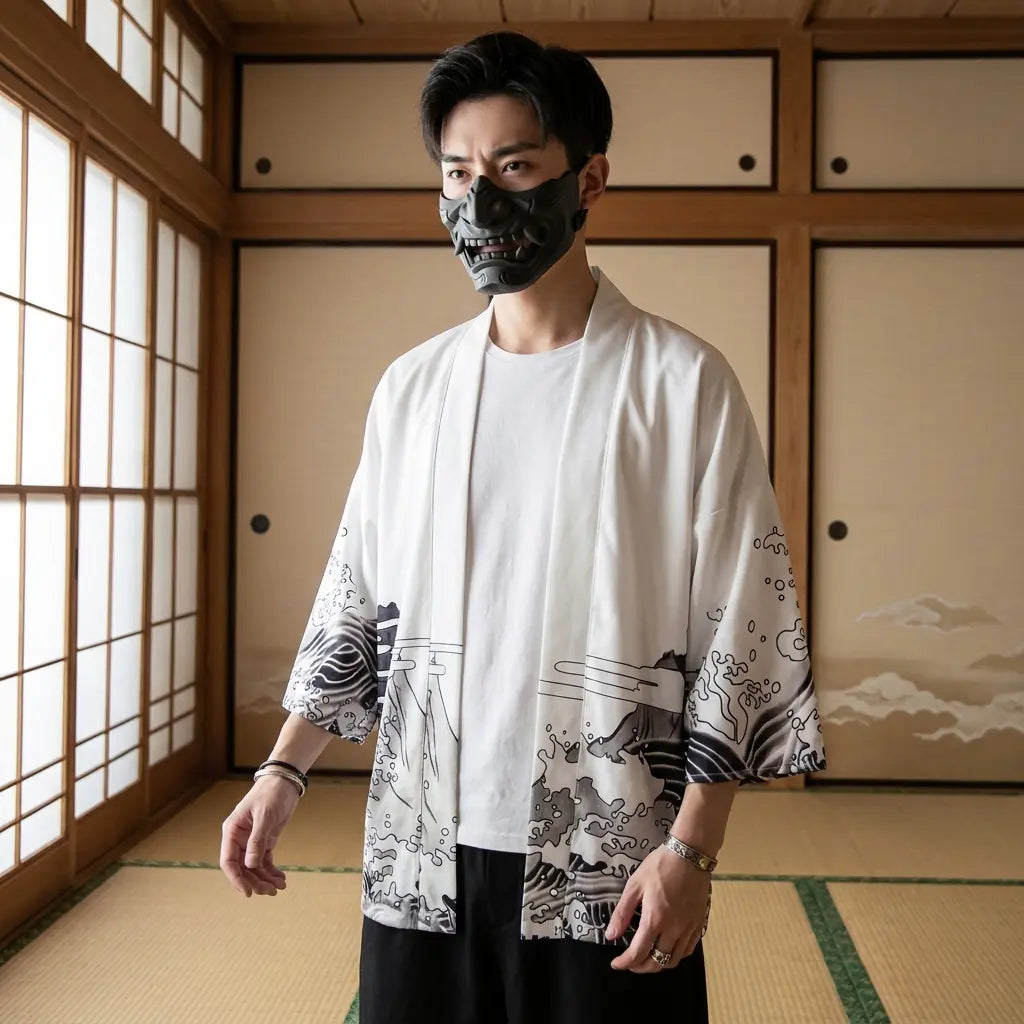 Hombre con haori dragón en una sala tradicional japonesa con paneles shoji