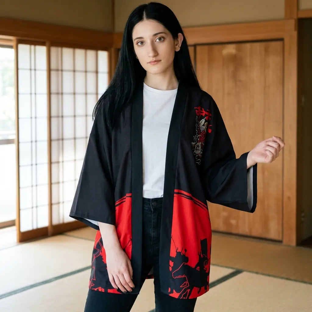 Haori estampado oni visto de frente, abierto sobre vaqueros negros