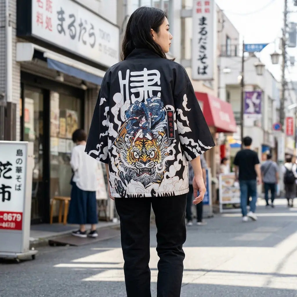 Mujer vista de espaldas con un haori harajuku en una calle de Japón
