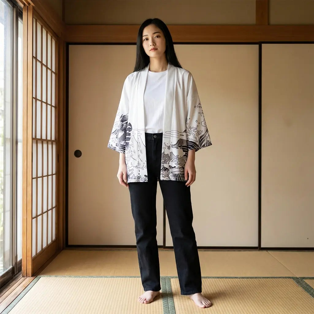 Mujer con haori dragón sobre tatami y paneles shoji
