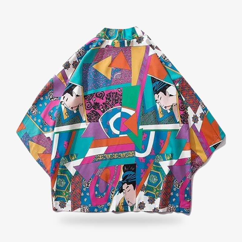 Haori con estampado de geisha, combinando colores intensos con motivos japoneses clásicos