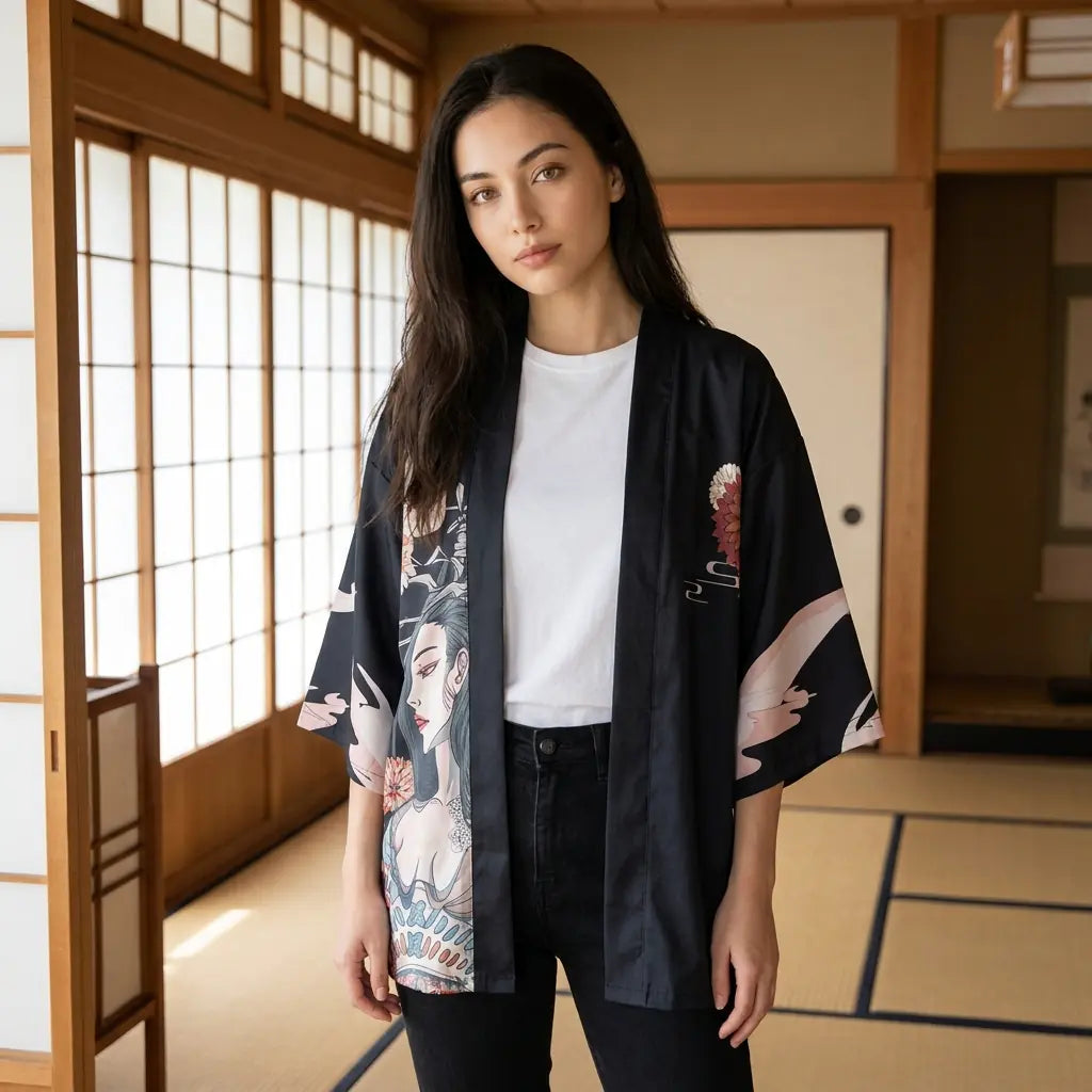 Haori con estampado de geisha visto de frente en una sala con tatami