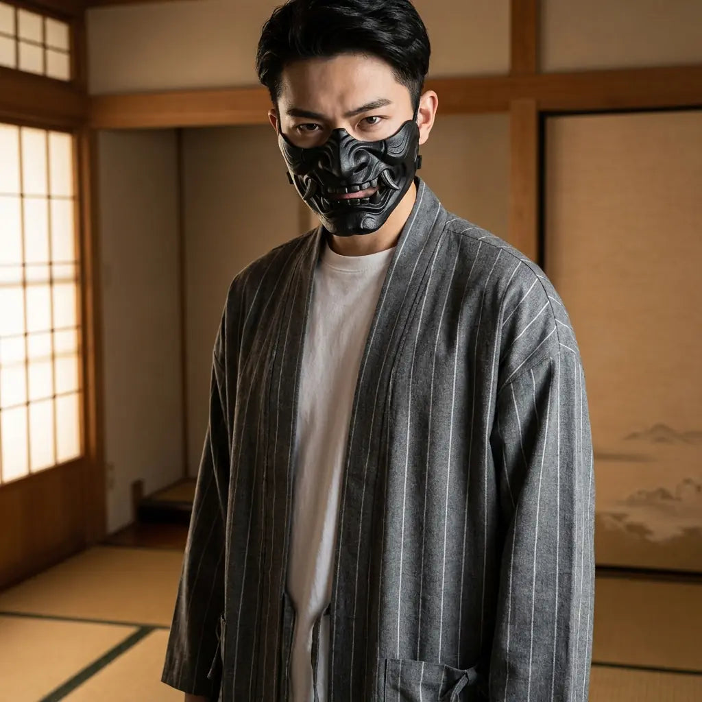 Hombre con un haori gris a rayas en una habitación washitsu japonesa con paneles shoji, vista frontal de cintura para arriba