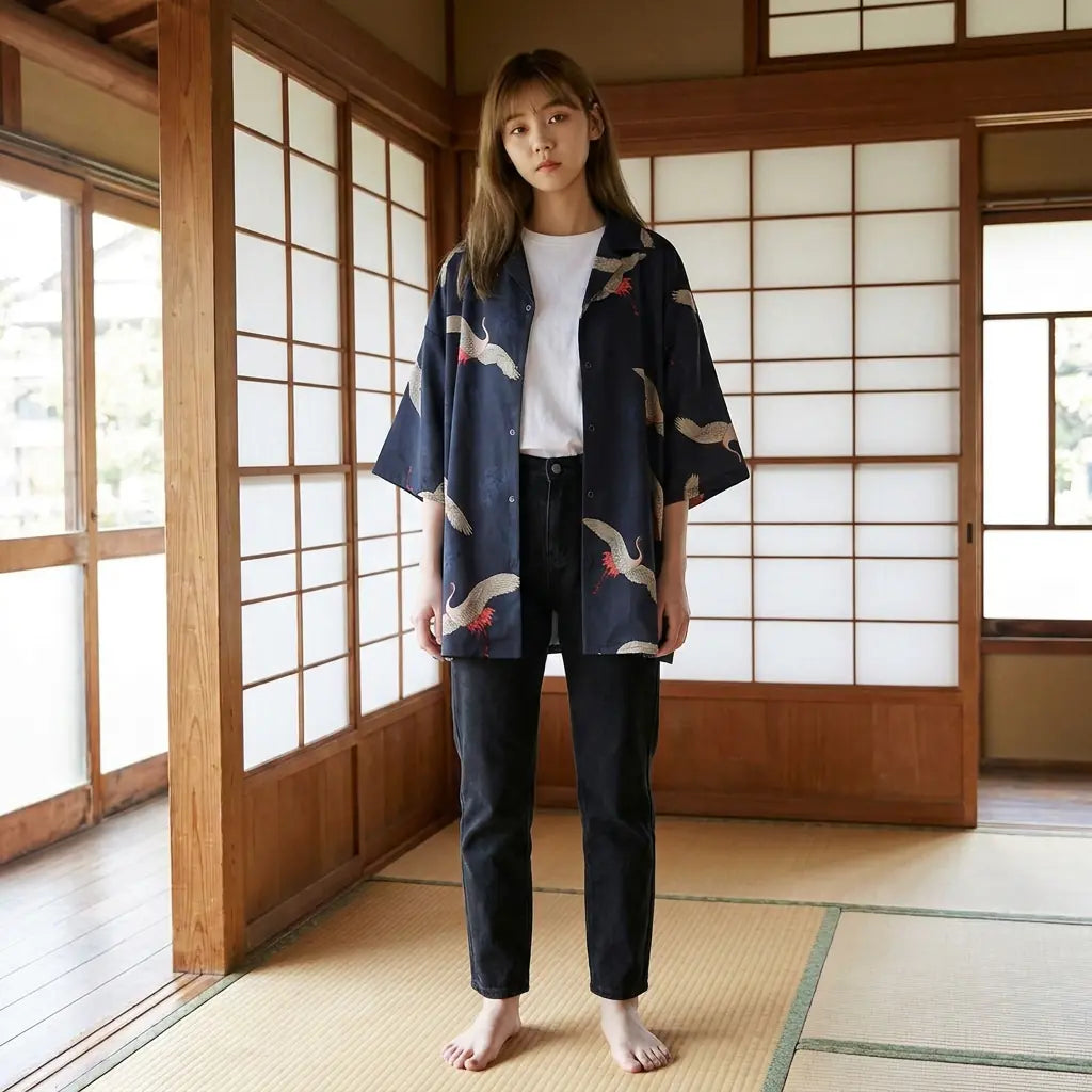 Haori grullas mujer azul marino con grullas blancas abrochado sobre pantalón negro en tatami