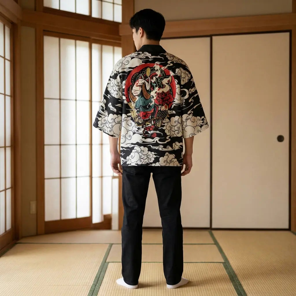 Vista de espalda de un haori estilo japonés mostrando el diseño completo