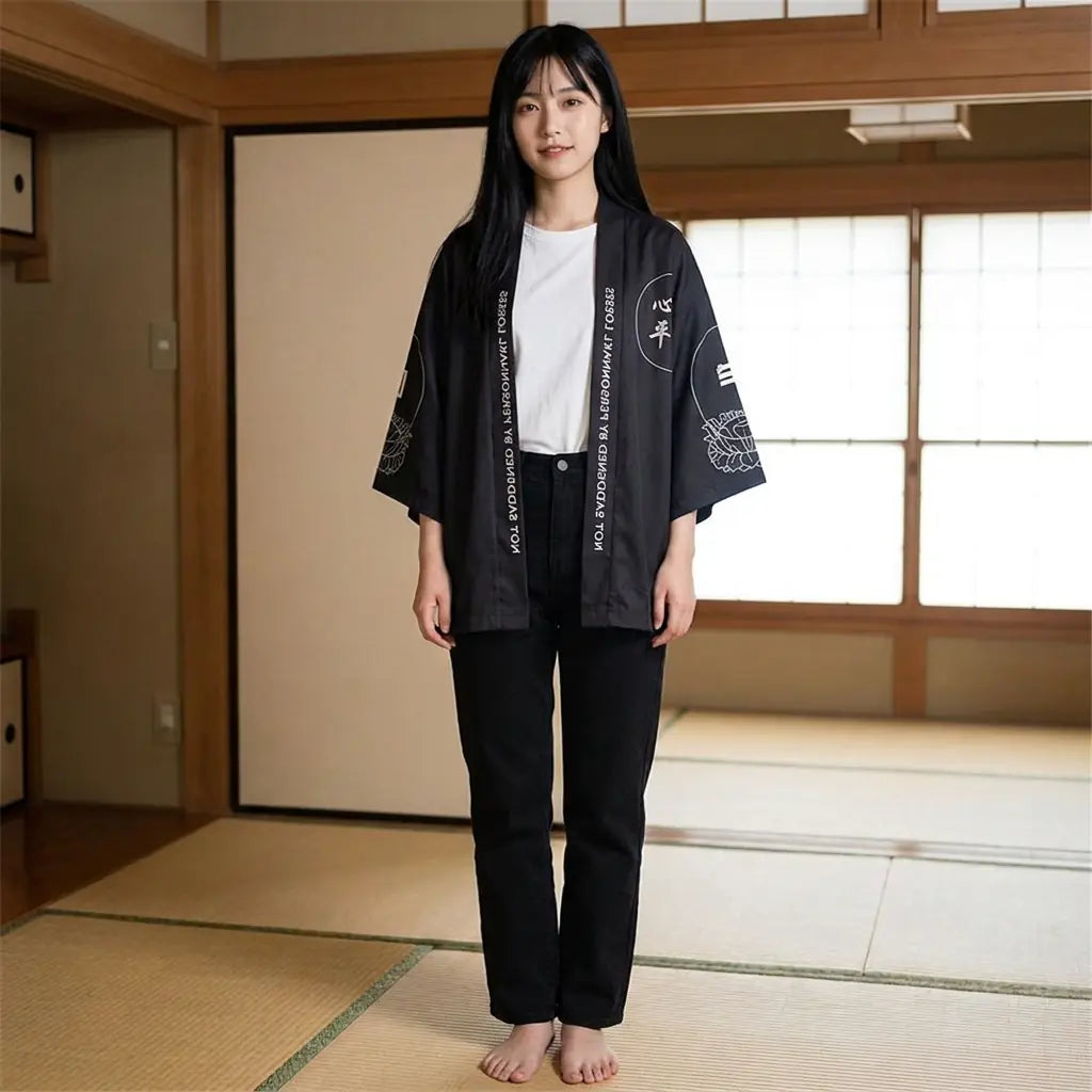 Mujer con haori japonés en una habitación con tatami y shoji