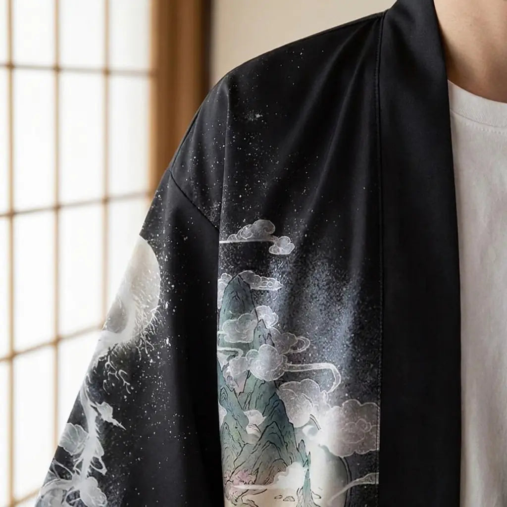 Detalle del estampado y la manga de un haori kimono