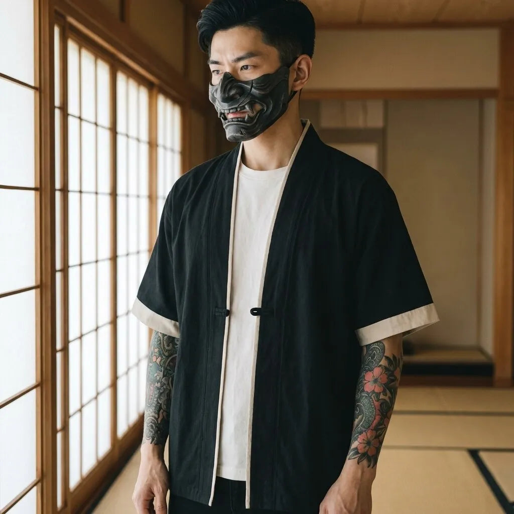 Haori kimono negro para hombre de estilo japonés