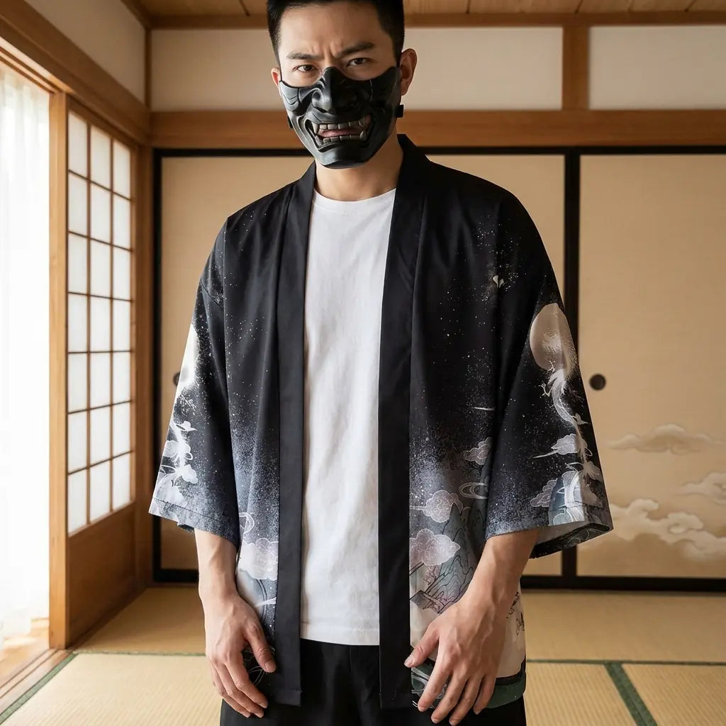 Hombre luciendo un haori kimono en una sala japonesa washitsu con paneles shoji, vista frontal de cintura para arriba