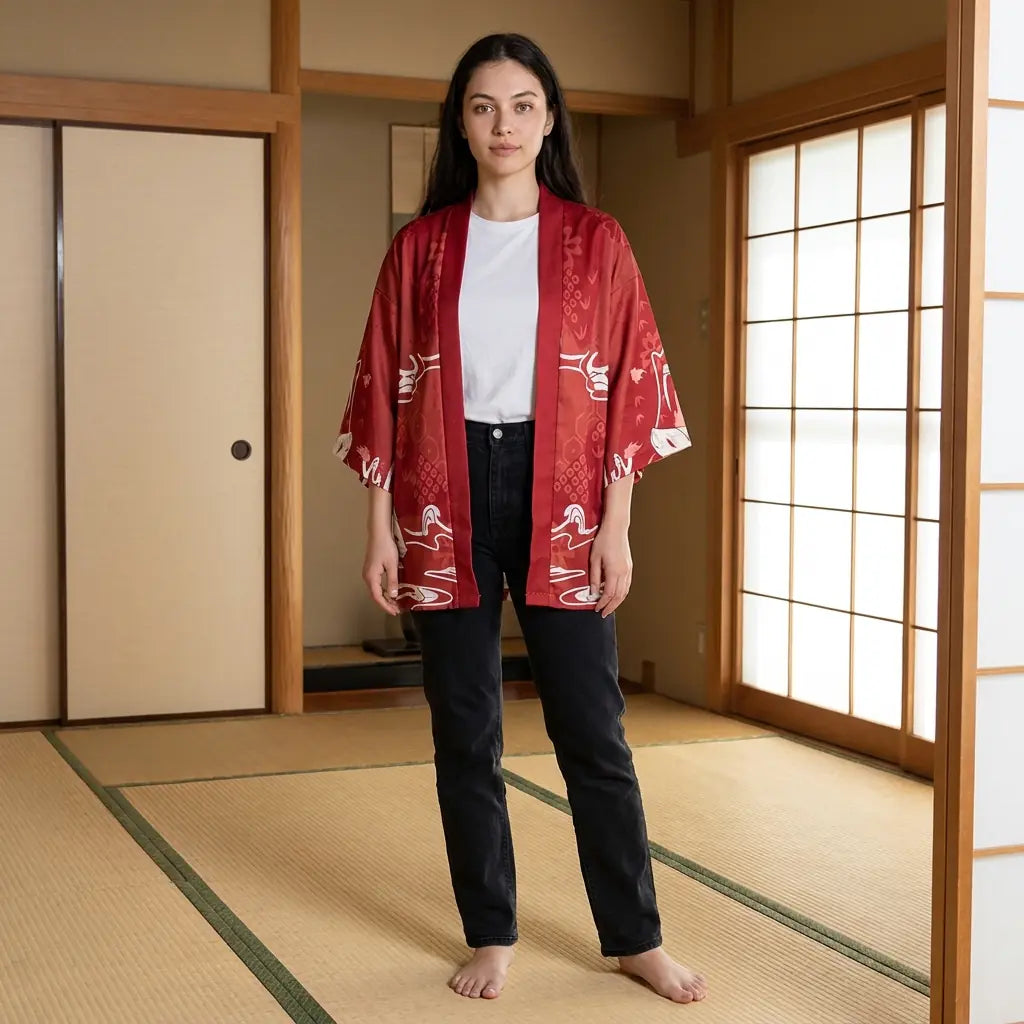 Haori kitsune mujer con estampado de grullas blancas sobre fondo rojo, llevado descalza en una sala de tatami