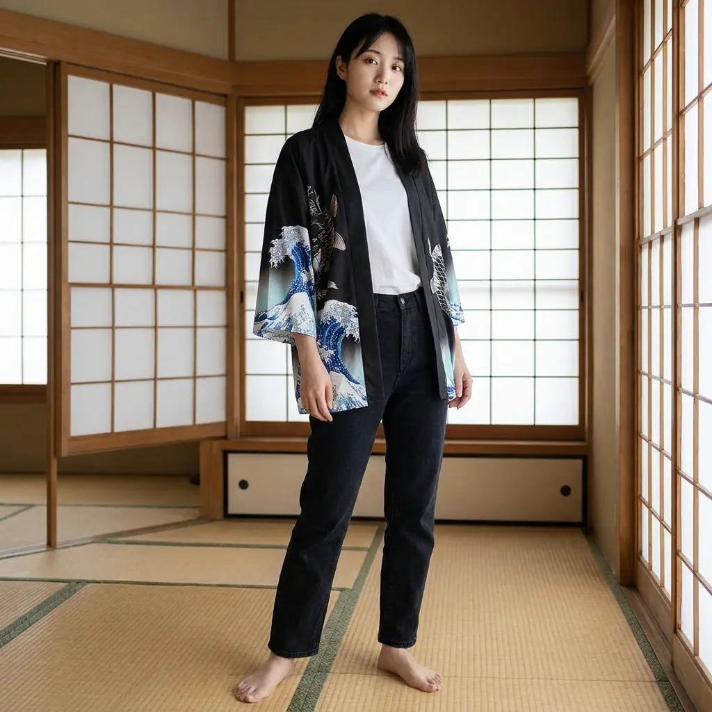 Mujer con haori de estilo japonés en una sala washitsu con tatami y paneles shoji