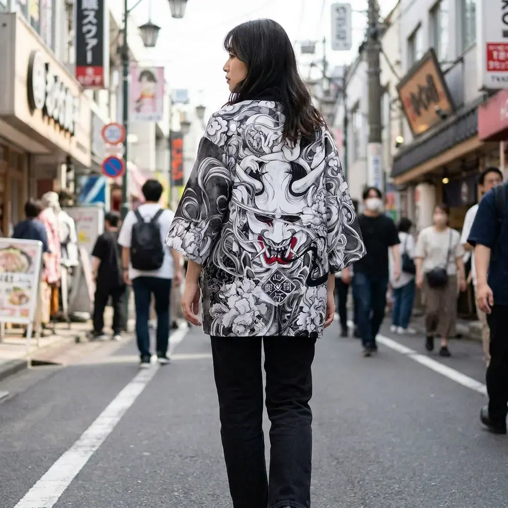 Chaqueta Kimono Haori llevado por una mujer en una habitación japonesa tradicional