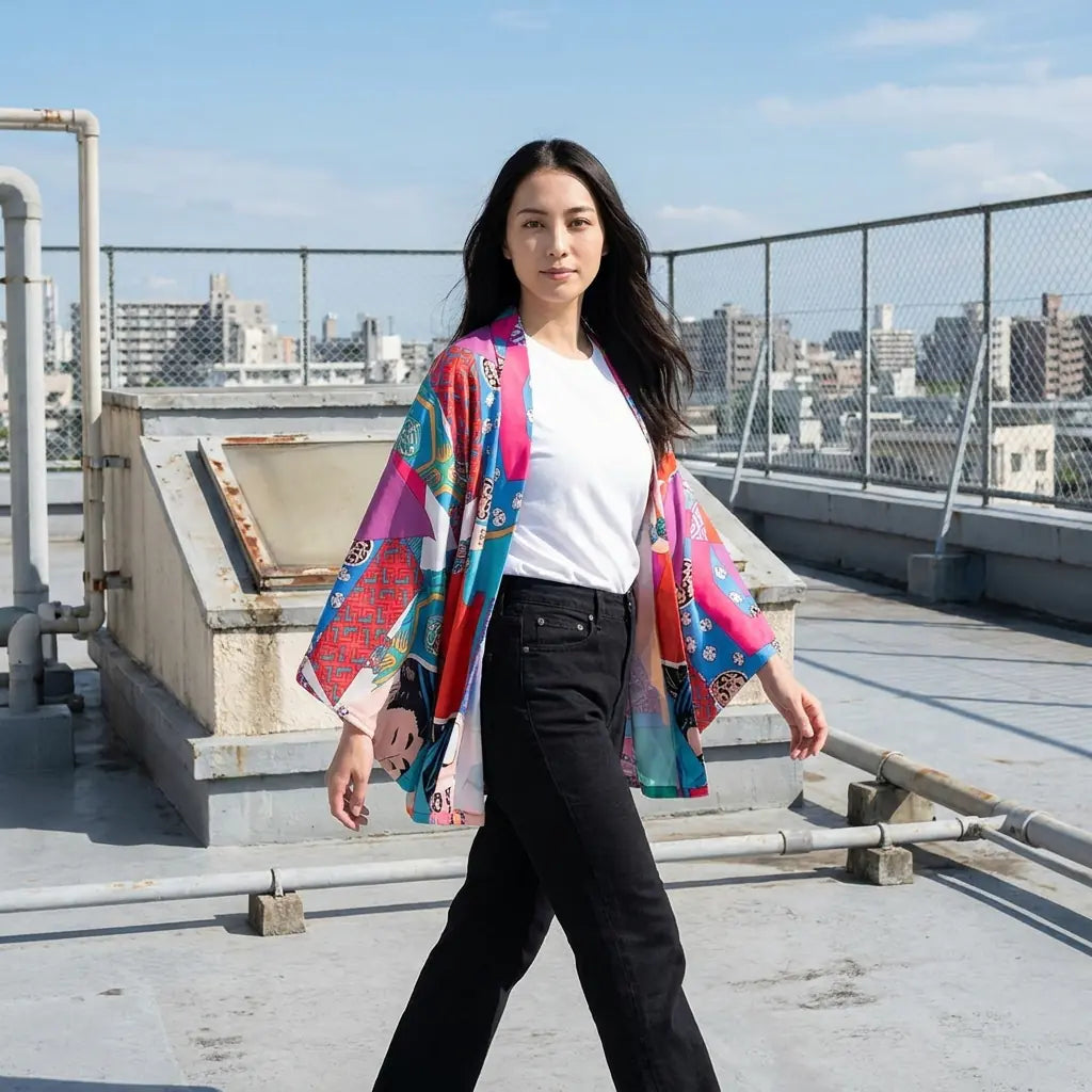 Haori multicolor mujer con estampado geométrico en azul, rosa y rojo, llevado en una azotea urbana