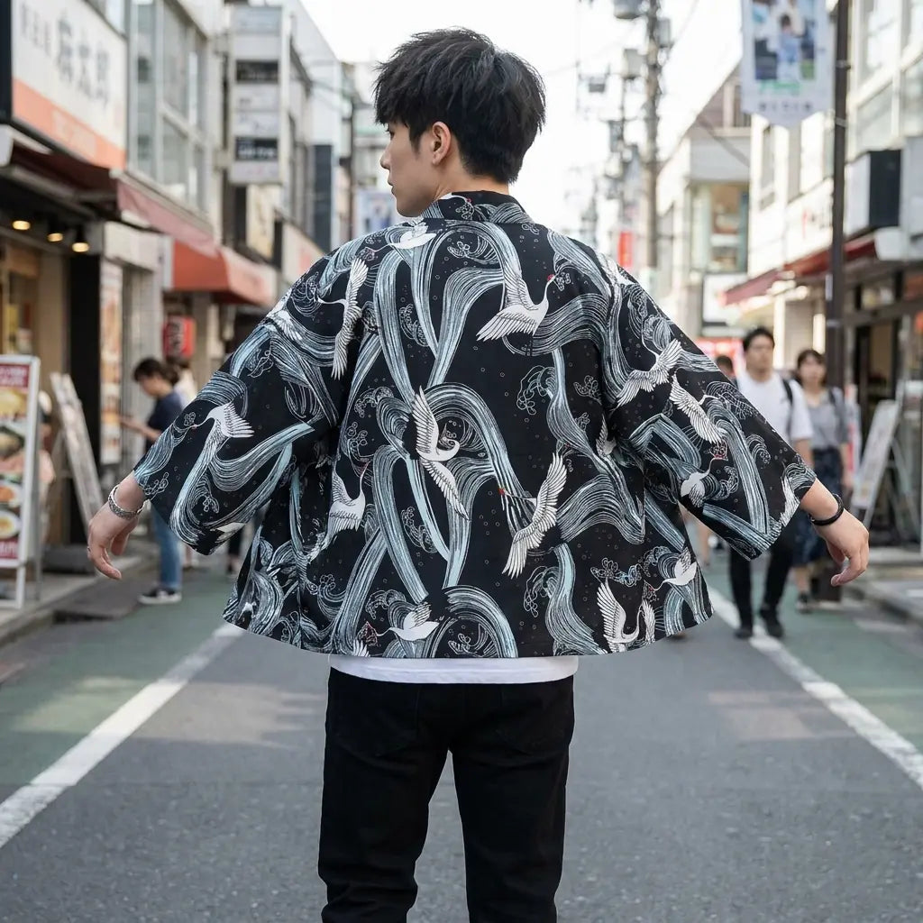 Haori Negro Grullas vista frontal