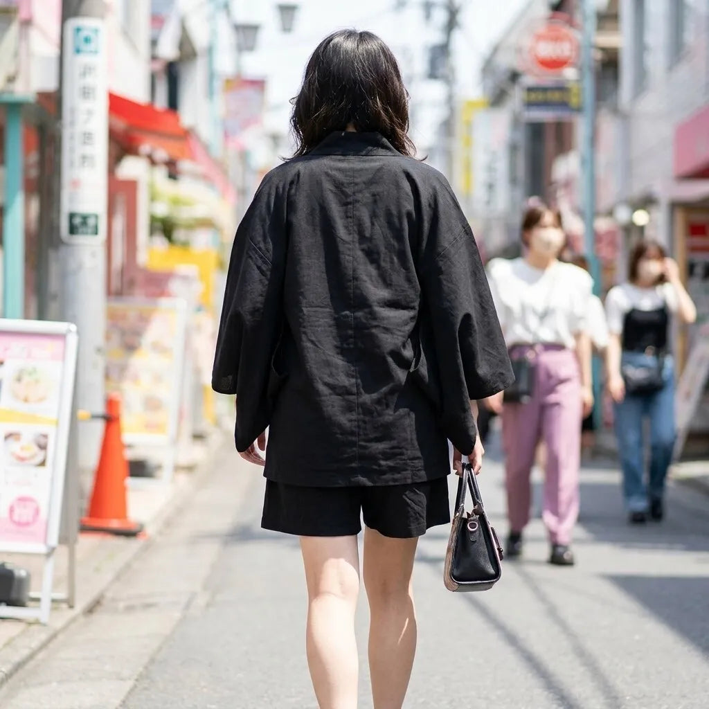 Haori Negro Hombre bordado Tsuru a mano