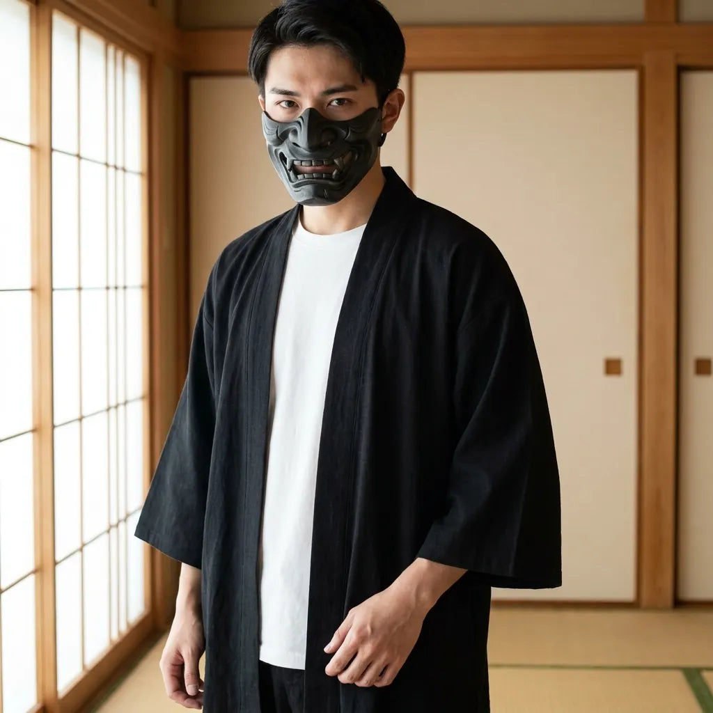 Hombre luciendo haori negro de frente