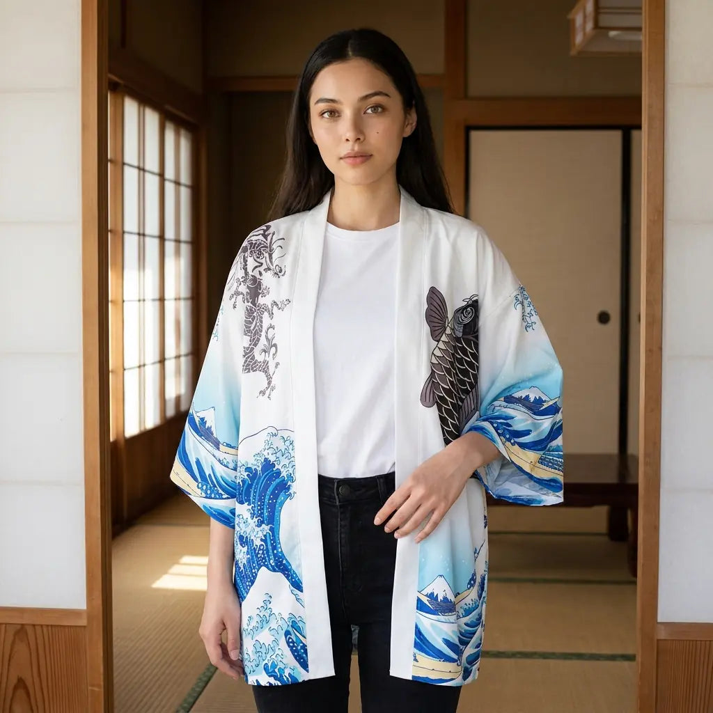 Haori con ola de Kanagawa visto de frente, con la ola cruzando los paneles delanteros