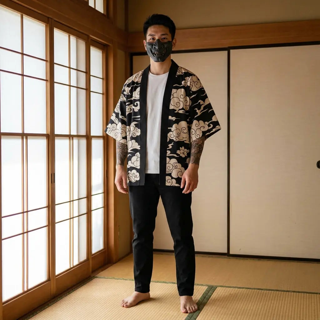 Hombre con un haori negro con estampado de oni y kitsune en una sala washitsu tradicional