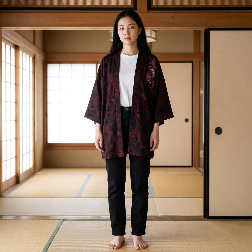 Haori oni mujer en rojo intenso con estampado floral oscuro, llevado abierto sobre tatami