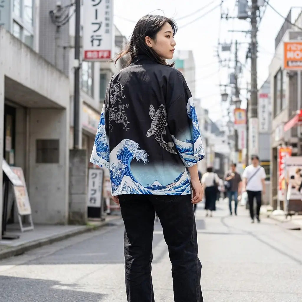 Mujer vista de espaldas con un haori de estilo streetwear en una calle de Harajuku