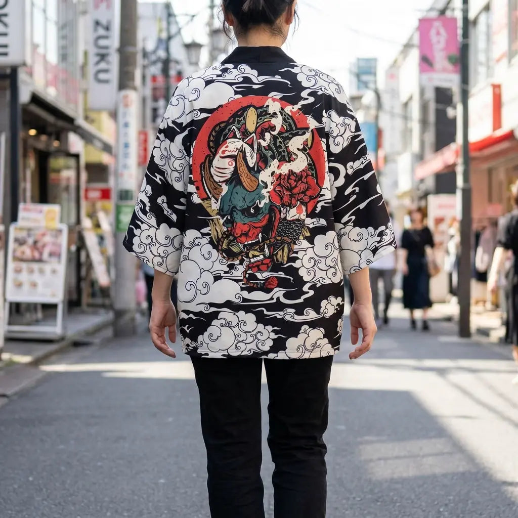 Mujer con un haori de estilo streetwear en una calle de Harajuku