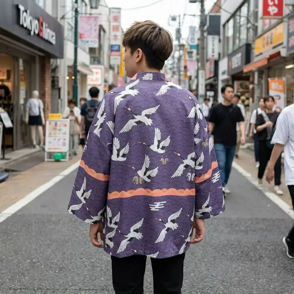 Haori Tokyo llevado por un hombre en una habitación japonesa tradicional, vista frontal