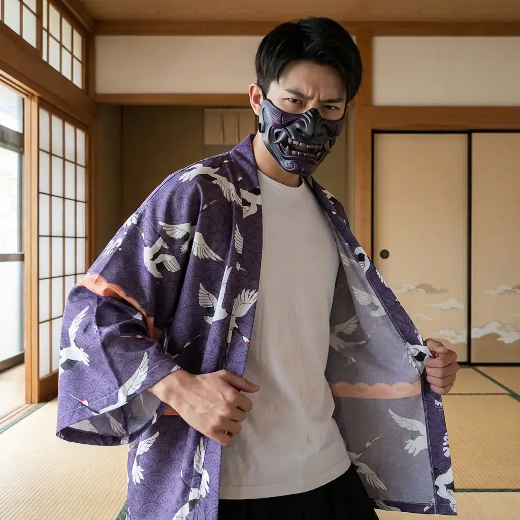 Haori Tokyo llevado por un hombre en una habitación japonesa tradicional, vista frontal