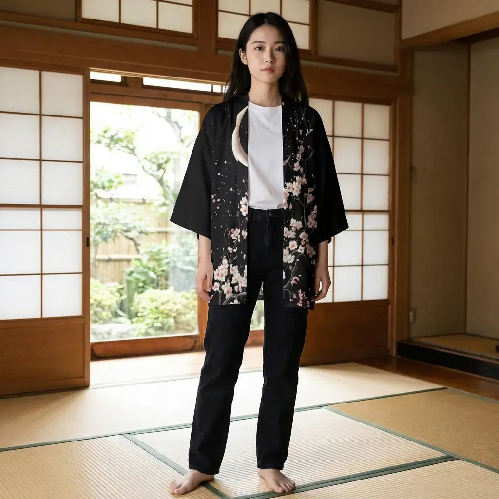 Haori Luna Hombre llevado por una mujer en una habitación japonesa tradicional