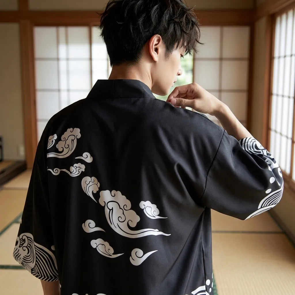Vista trasera del conjunto jinbei con estampado japonés
