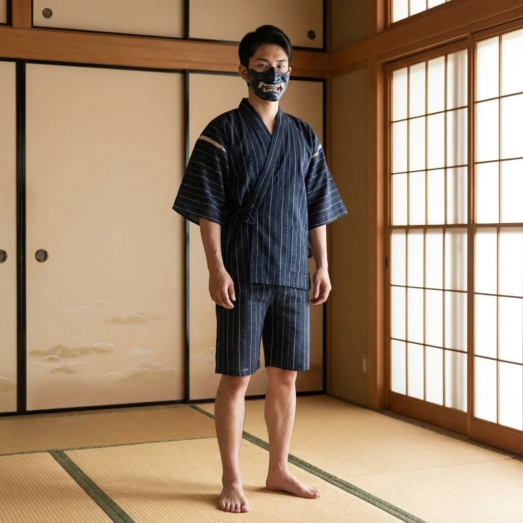 Vista frontal del conjunto jinbei japonés para hombre