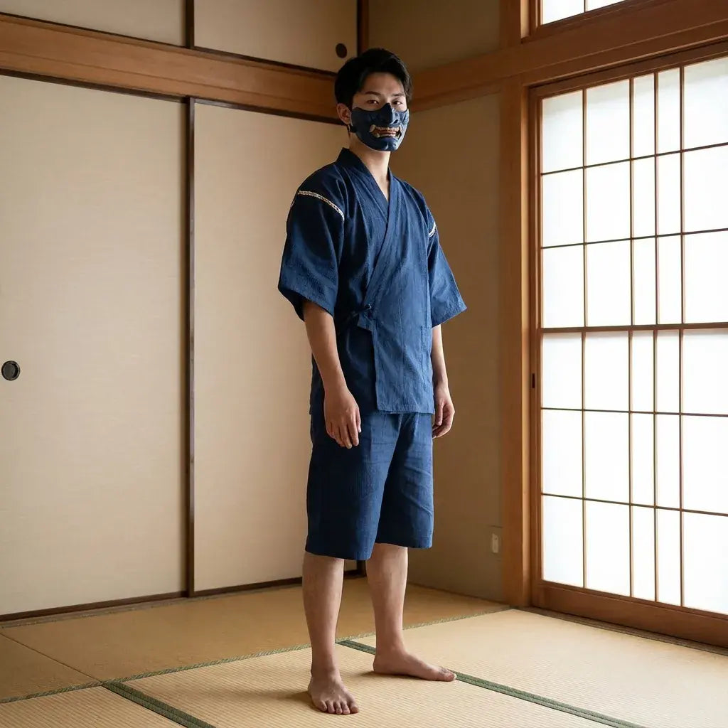 Jinbei tradicional hombre llevado por un hombre en una habitación japonesa tradicional, vista frontal