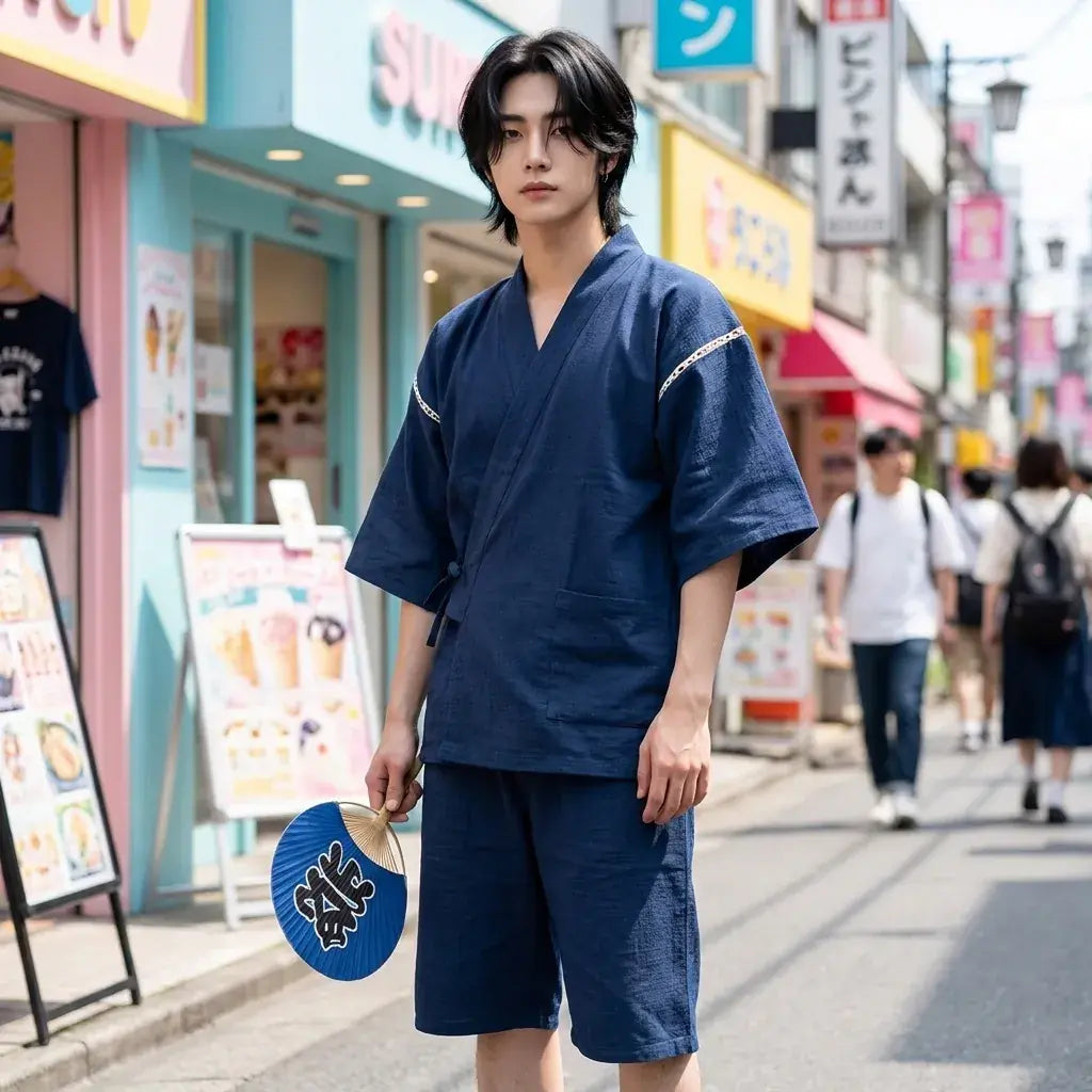 Jinbei tradicional hombre llevado por un hombre en una habitación japonesa tradicional, vista frontal