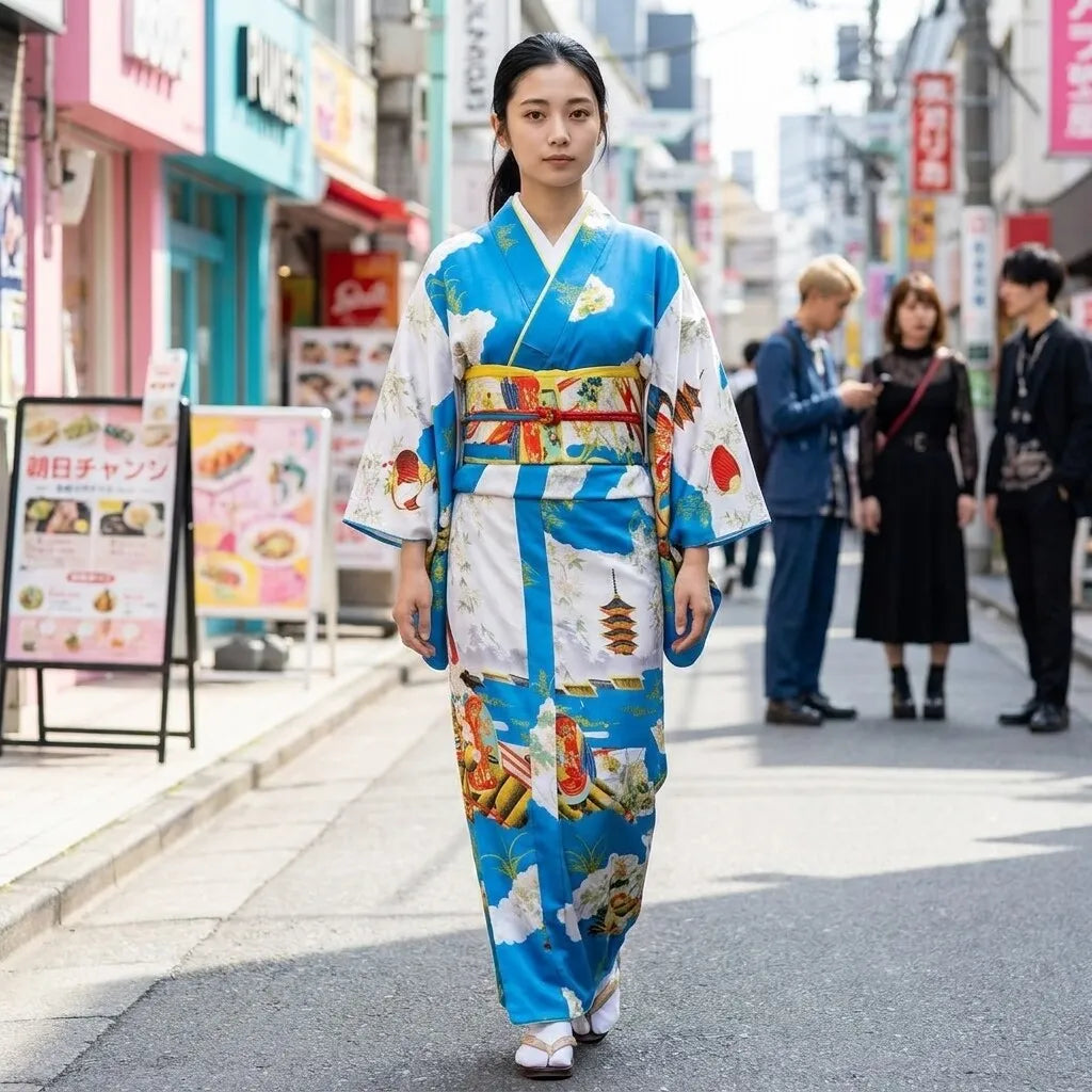 Espalda del kimono azul con pagoda y nubes de inspiración ukiyo-e