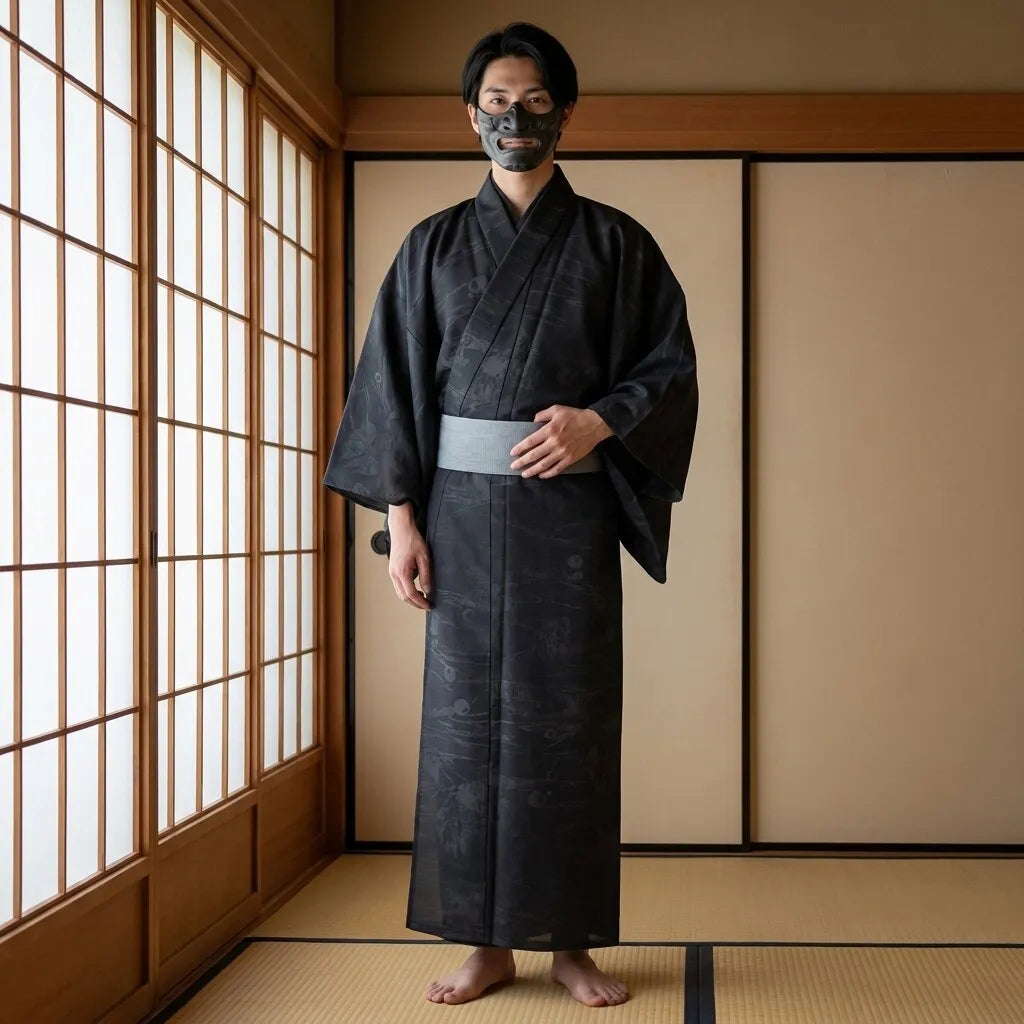 Kimono bambú hombre de color oscuro con mangas anchas