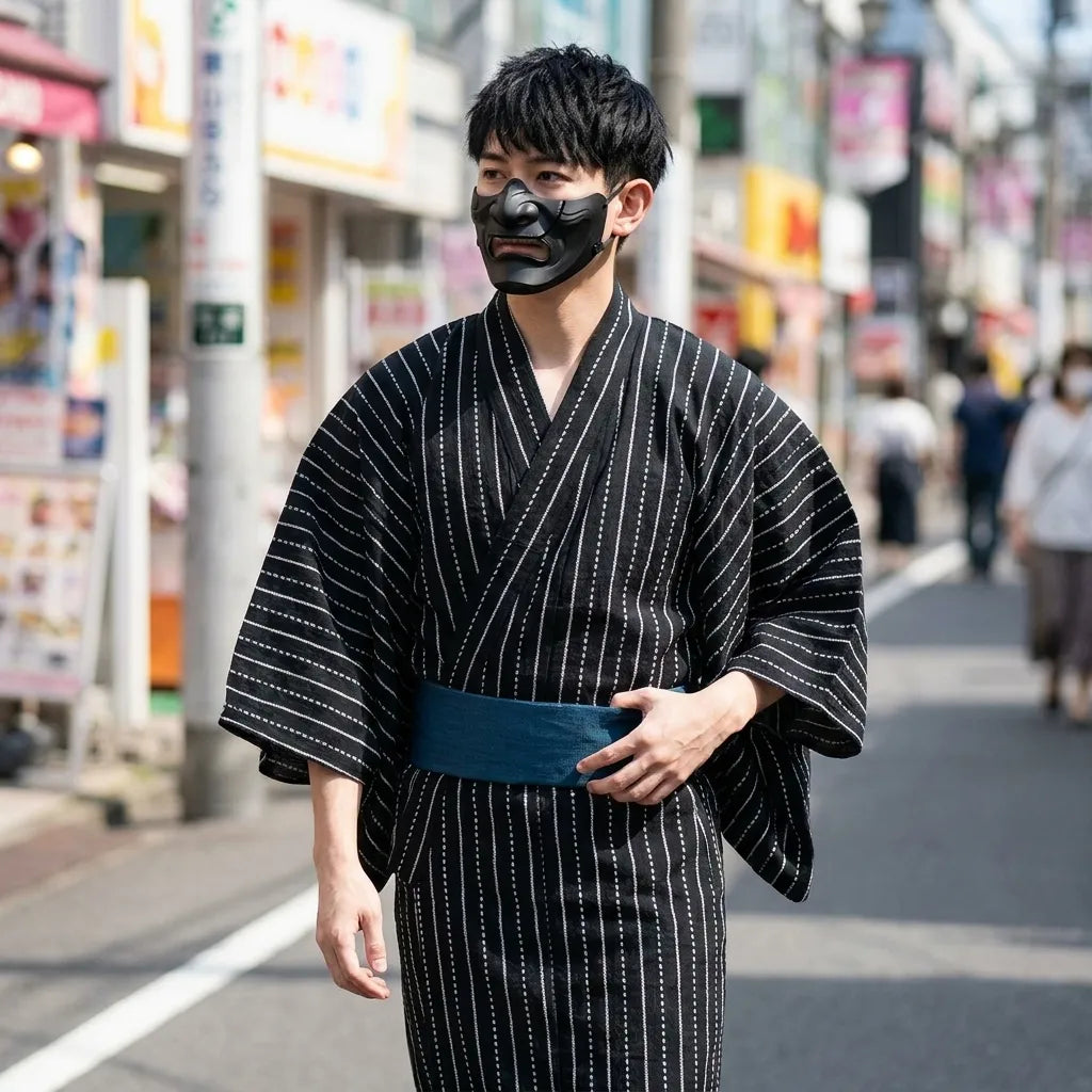 Kimono cosplay negro de hombre visto de frente