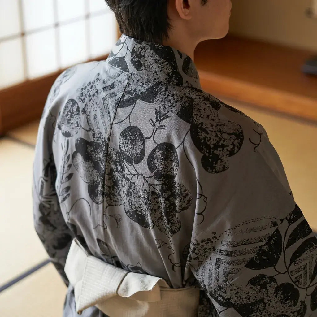Kimono Gris Hombre llevado por un hombre en una habitación japonesa tradicional, vista frontal