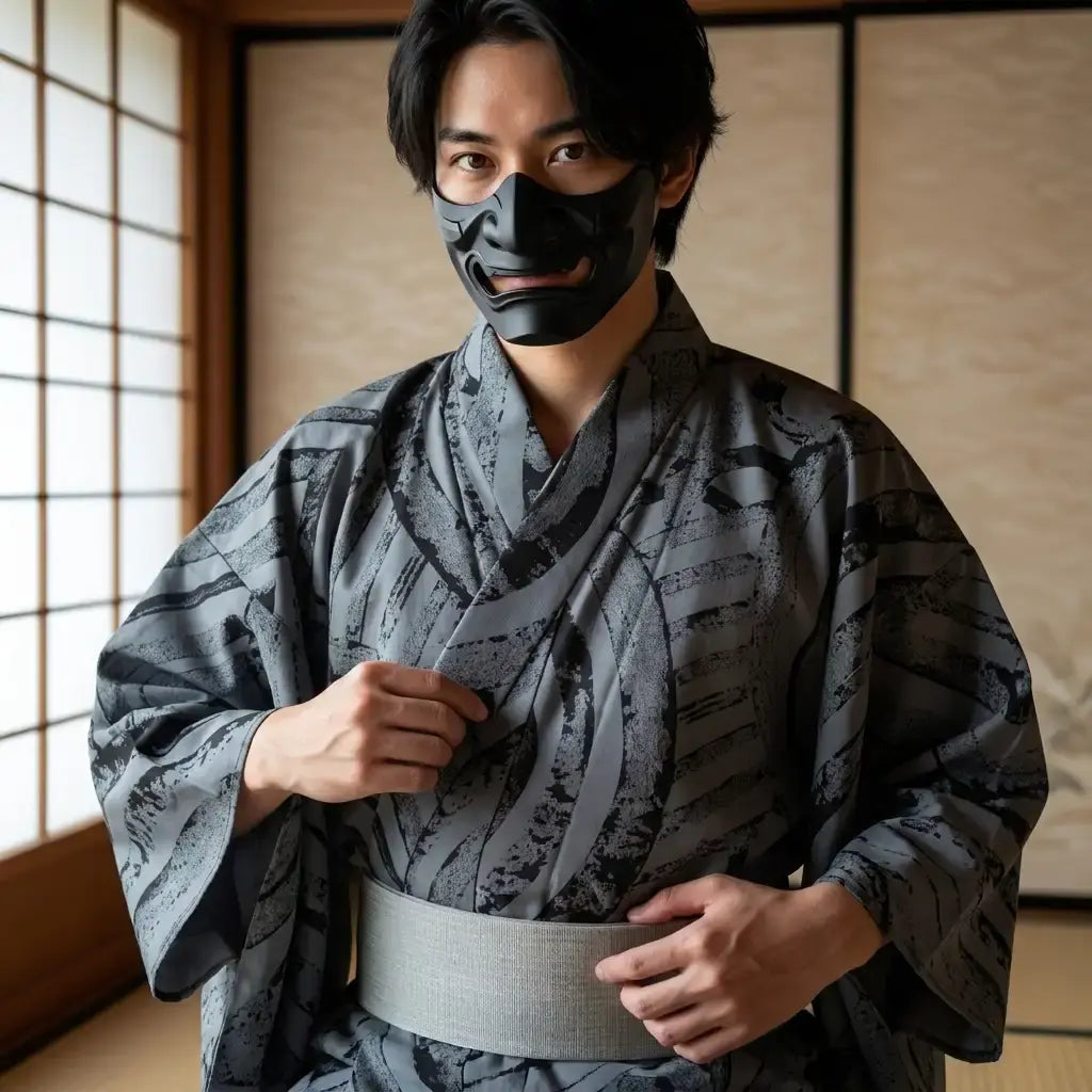 Kimono Gris Hombre llevado por un hombre en una habitación japonesa tradicional, vista frontal