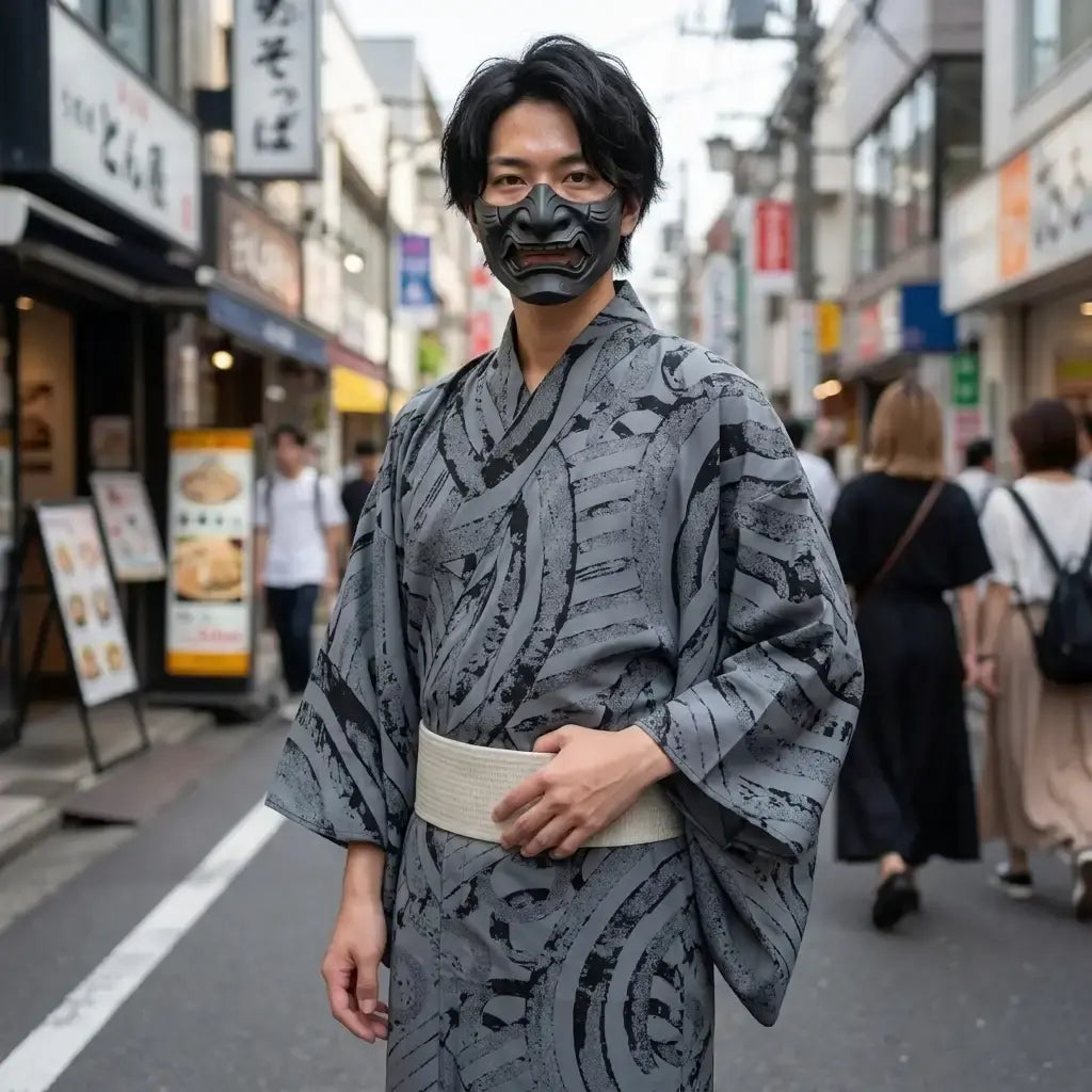 Kimono Gris Hombre llevado por un hombre en una habitación japonesa tradicional, vista frontal