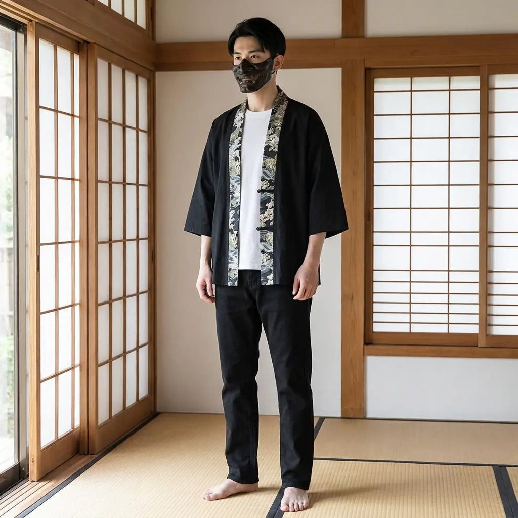 Hombre luciendo un haori japonés en una sala washitsu tradicional, vista frontal