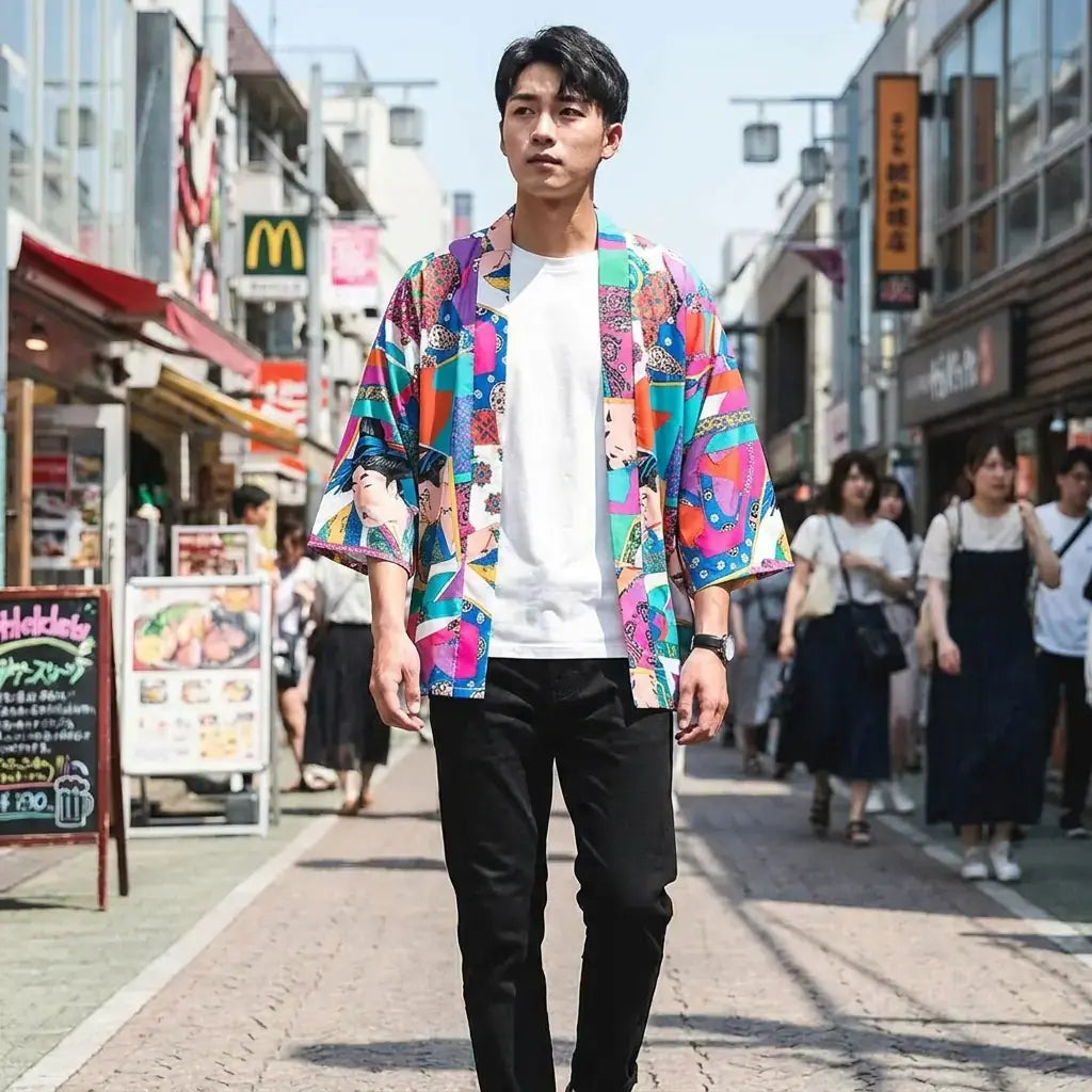 Kimono ukiyo-e azul llevado por un hombre en una habitación japonesa tradicional, vista frontal