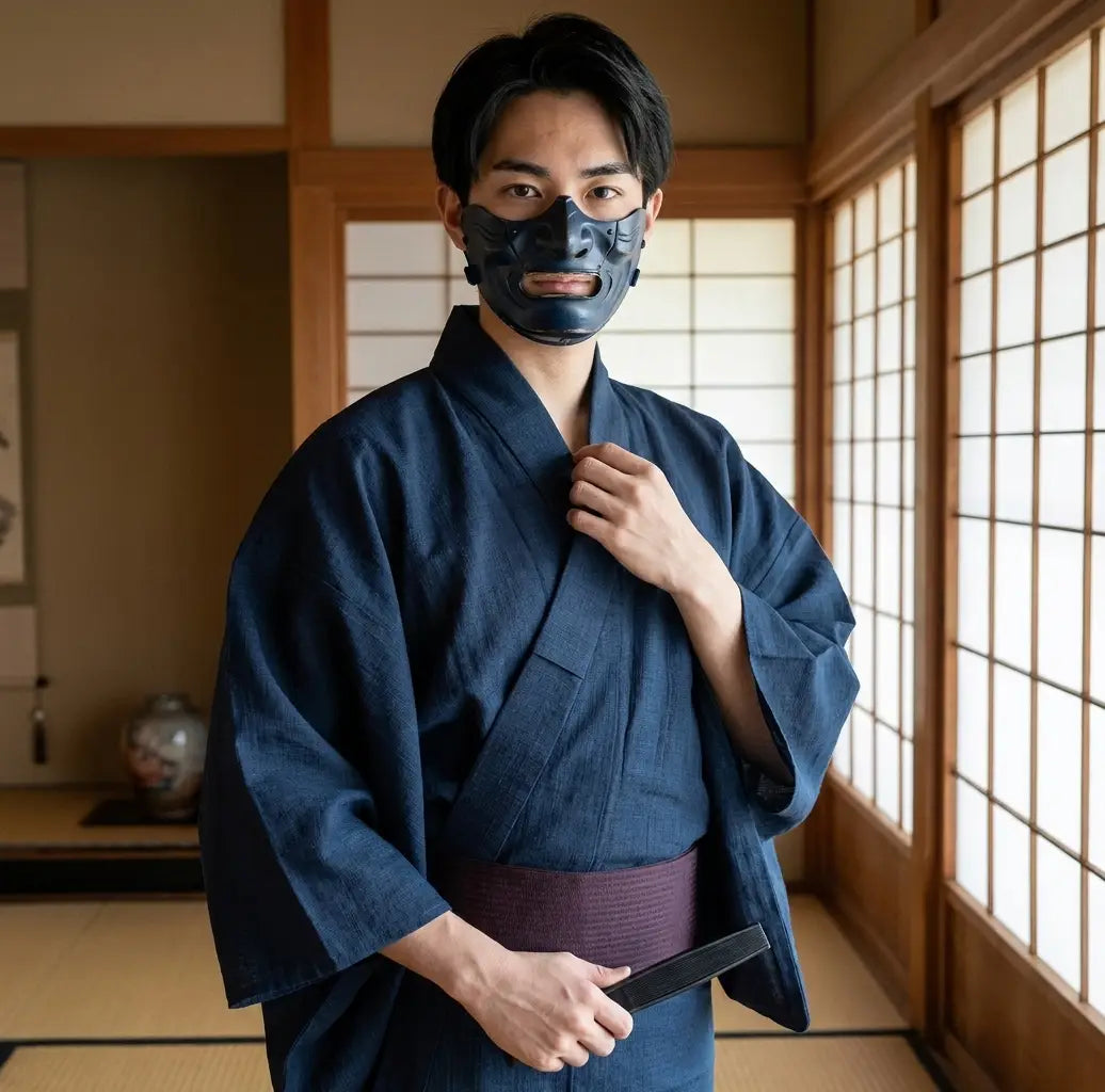 Kimono hombre japonés morado abierto sobre camiseta