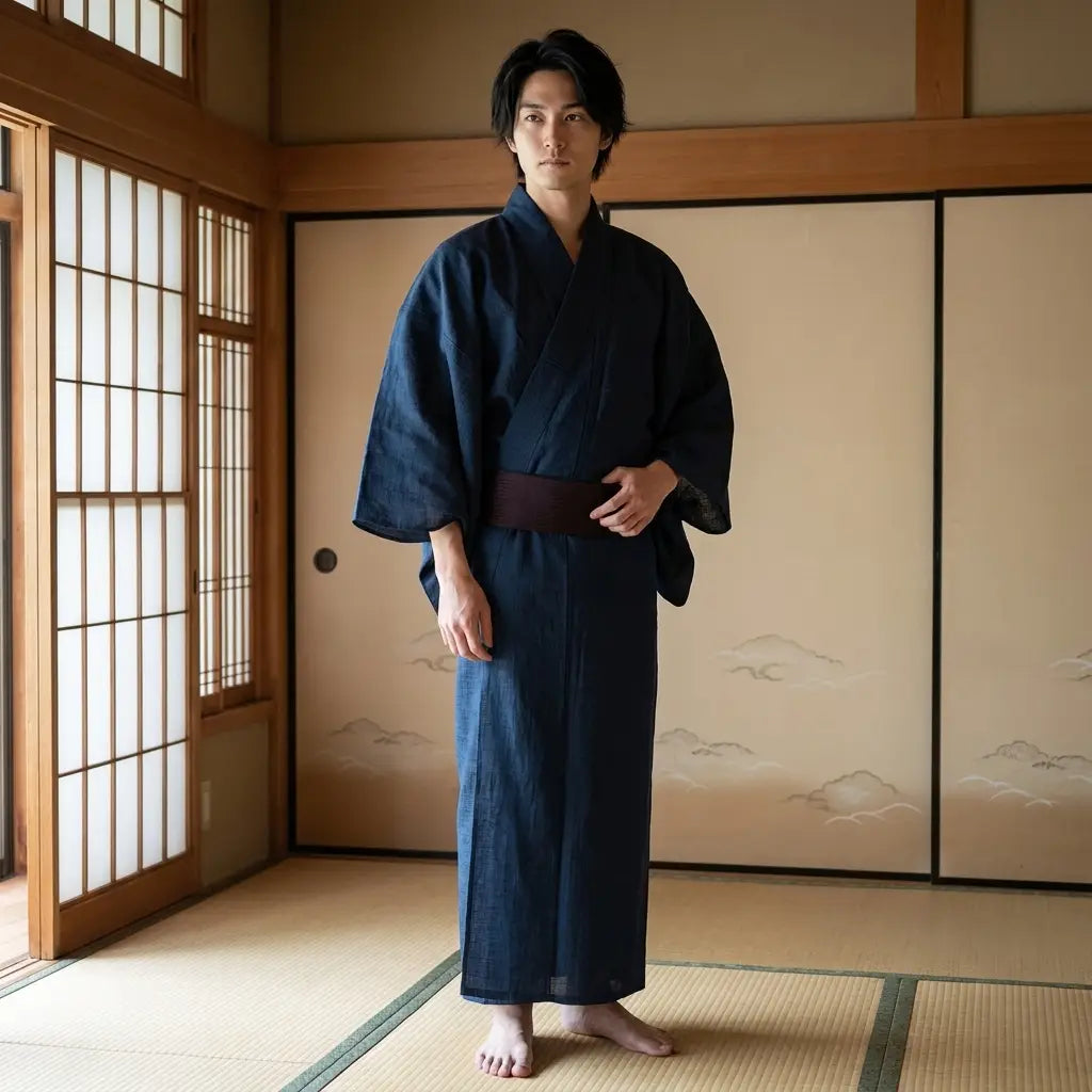 Kimono hombre japonés morado oscuro vista frontal