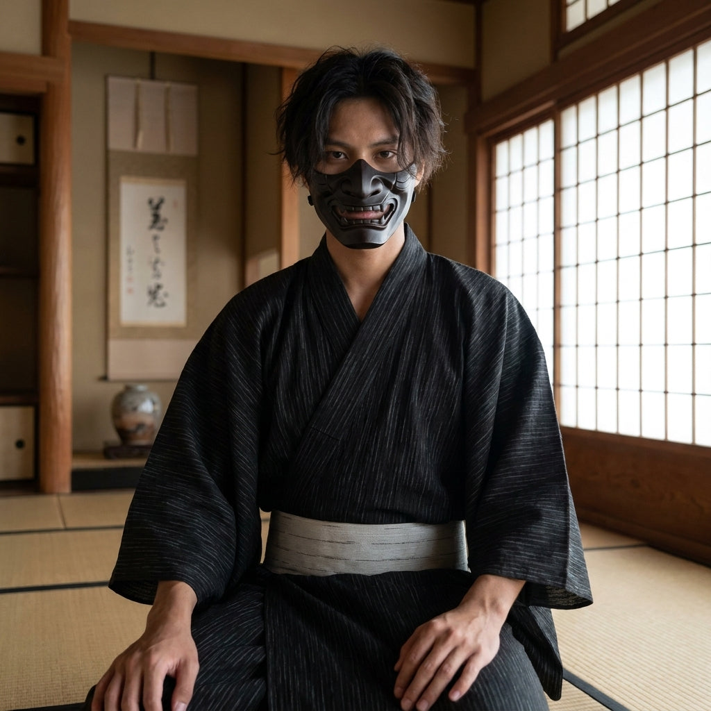 Kimono japonés hombre con carácter samurái oscuro visto de frente