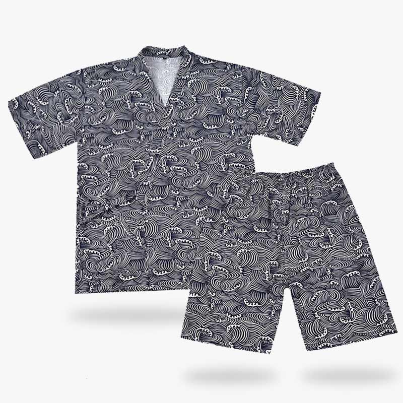 El kimono jinbei Pijama japones es una camiseta y unos pantalones cortos de pijama japoneses. Los estampados de la tela de algodón están inspirados en los símbolos japoneses de las olas. Es una prenda tradicional japonesa de verano.