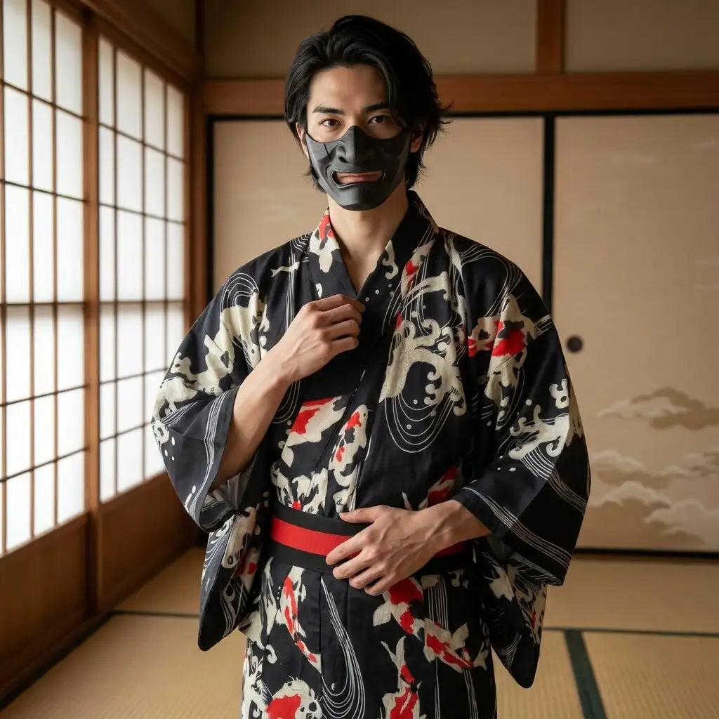 Kimono Koi Hombre con mangas anchas y motivo de carpas