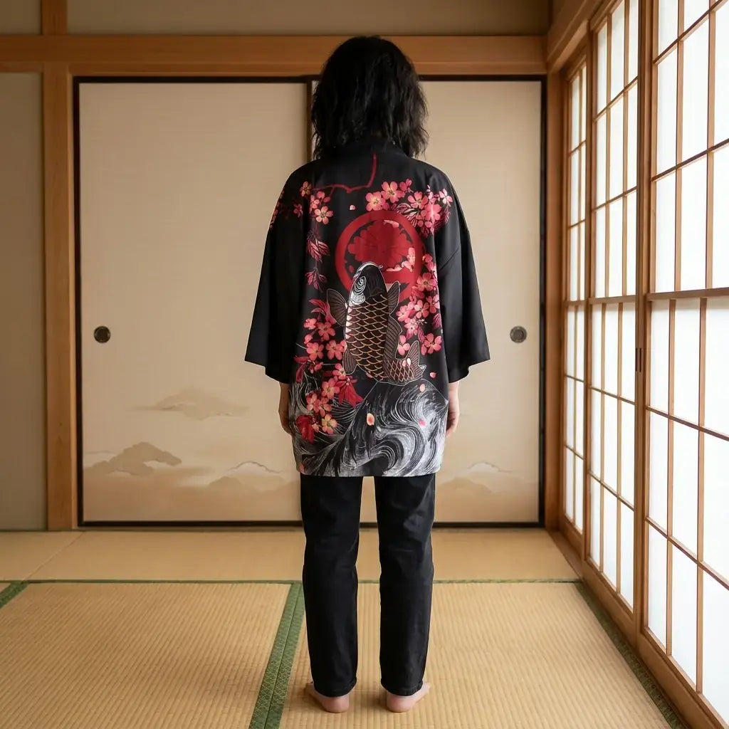 Kimono Koi Mujer llevado por un hombre en una habitación japonesa tradicional, vista frontal