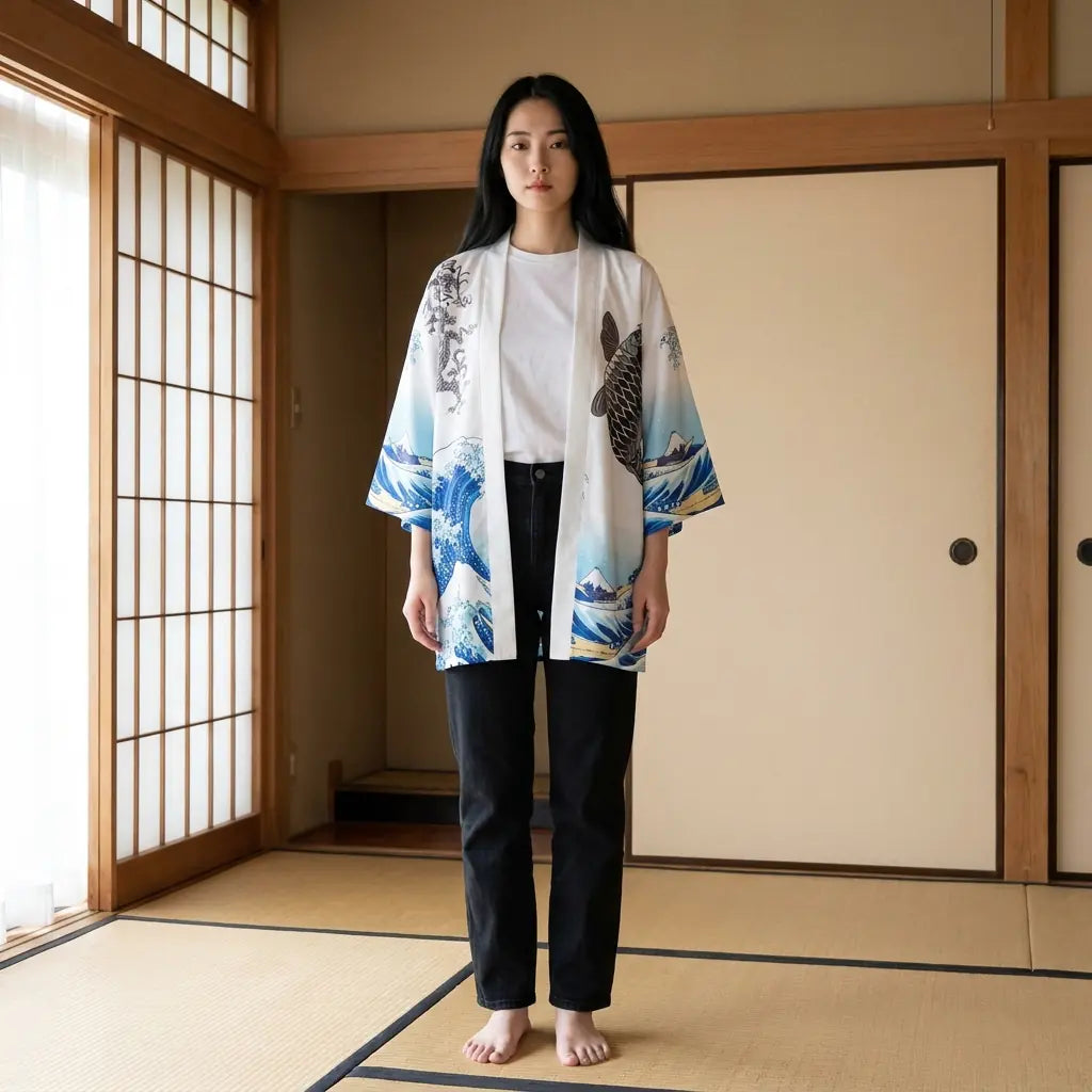 Kimono koi mujer blanco y azul con estampado de la Gran Ola, en una sala de tatami