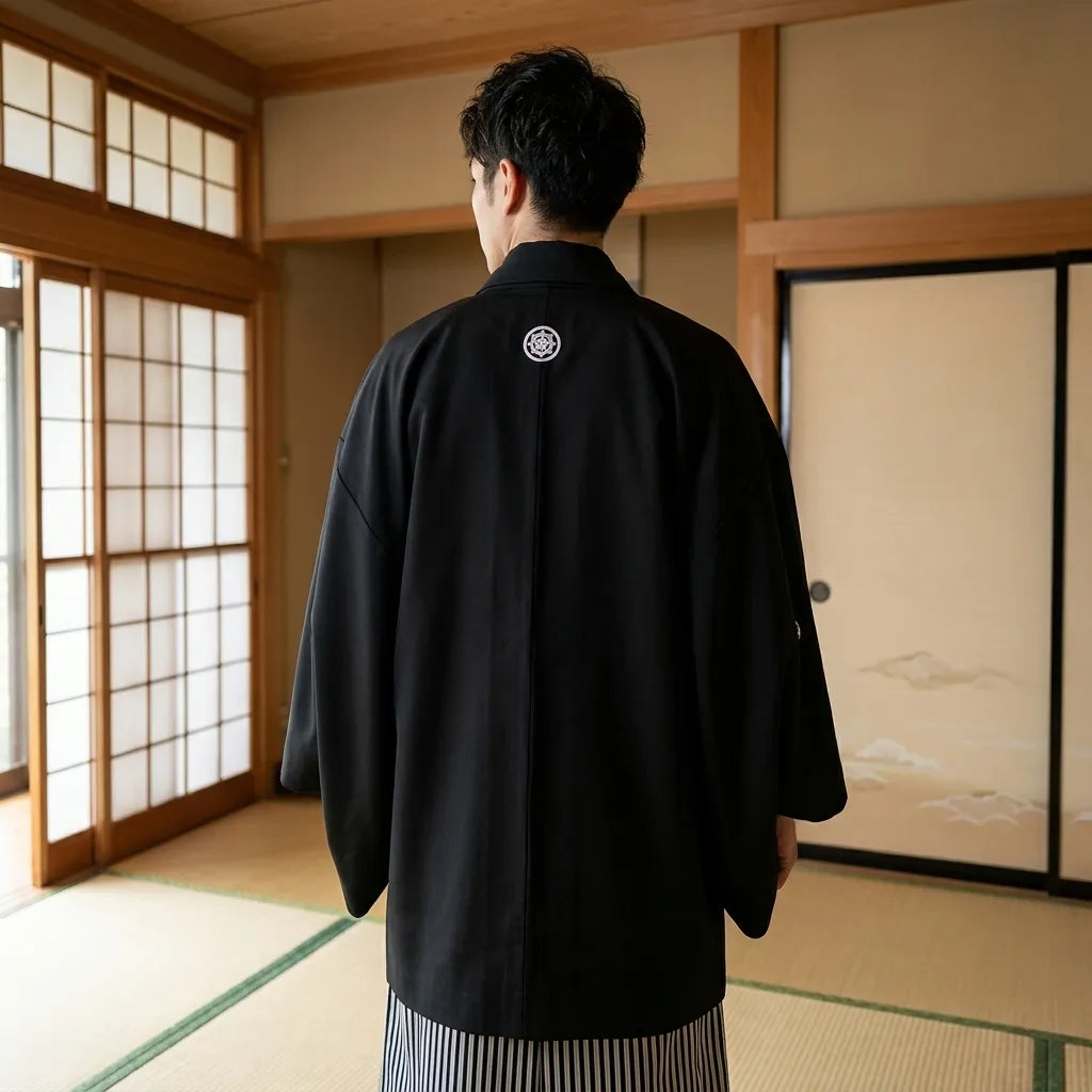 Vista posterior del conjunto kimono negro con hakama sendaihira