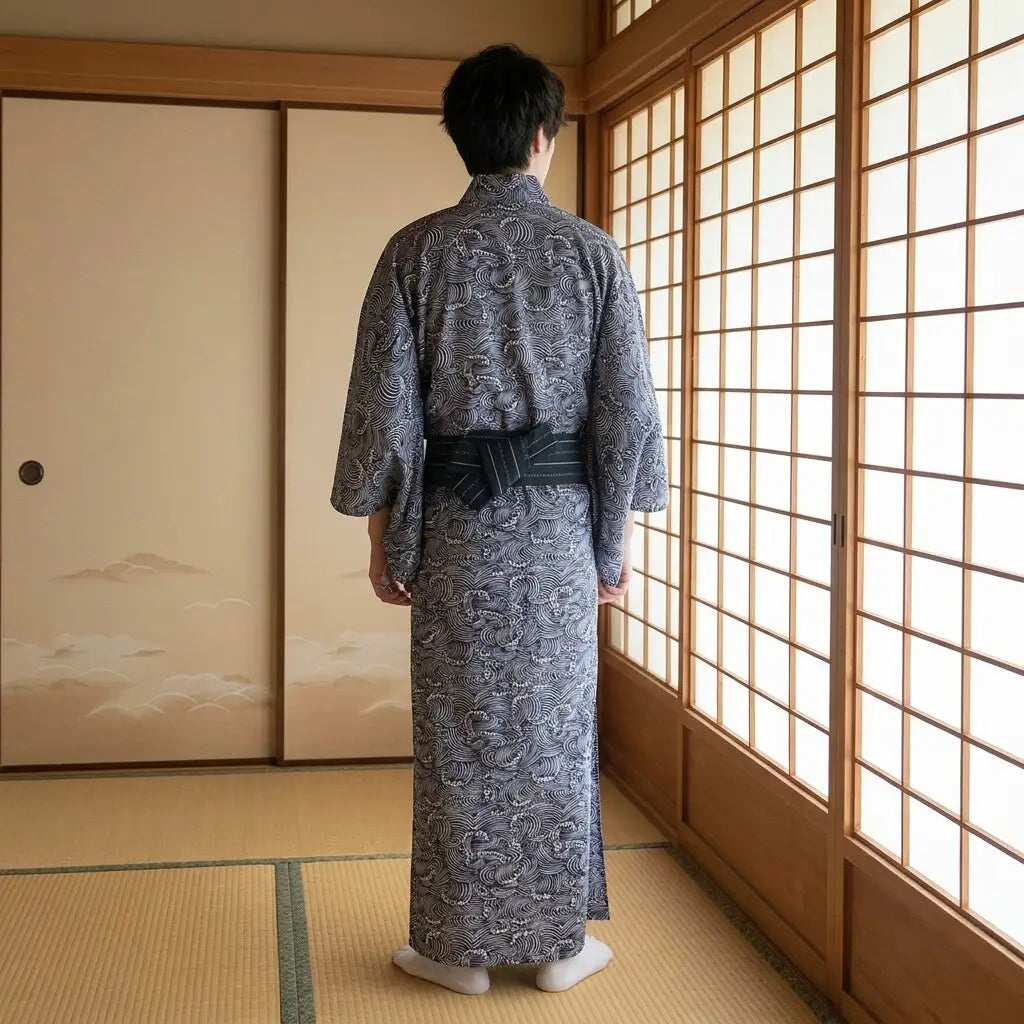 Kimono olas japonesas vista trasera con estampado seigaiha